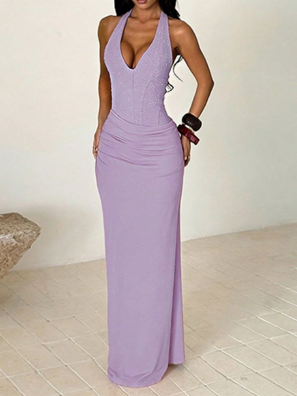Purple Elegant Women's Luxury Halter Neck Evening Gown - Picture 4 of 4